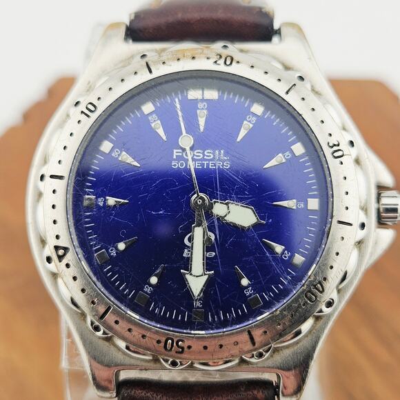 Fossil Men's Silver Tone Chronograph Watch Blue Dial Brown Leather Band AM-3132 - Picture 2 of 6